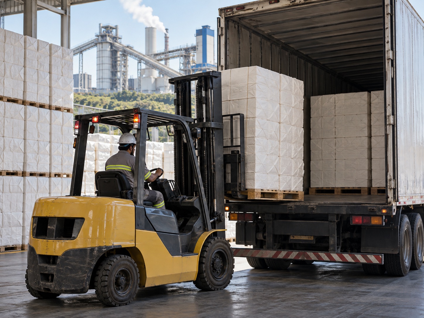 Fardos de celulose sendo carregados em operação industrial