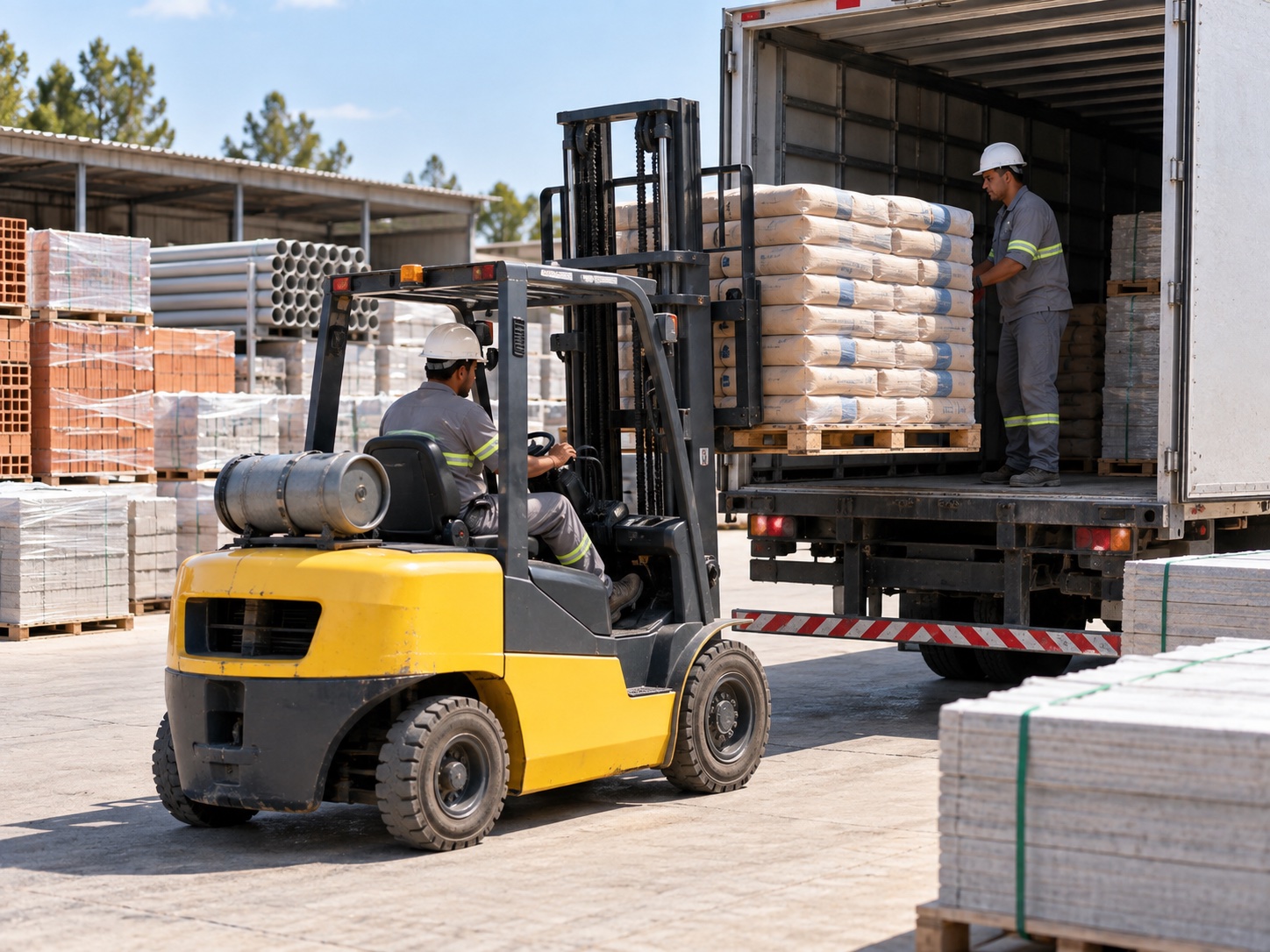 Materiais de construção organizados para embarque
