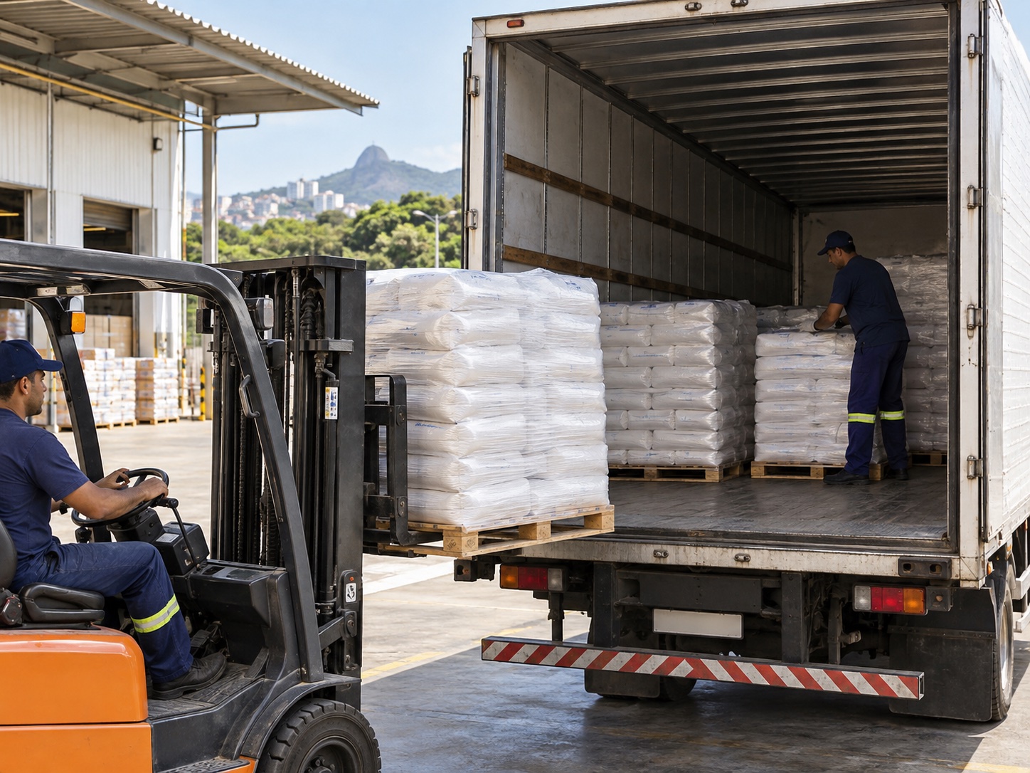 Sacos de farinha e açúcar preparados para transporte